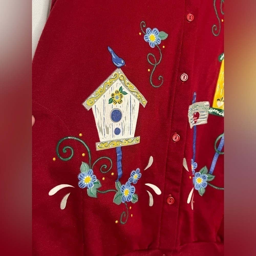 Vintage Blair Red and Yellow Birdhouse Cardigan Sweater XXL - Picture 6 of 9